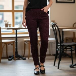Adrienne Vittadini skinny trouser pants‎ maroon black Damask sz 8